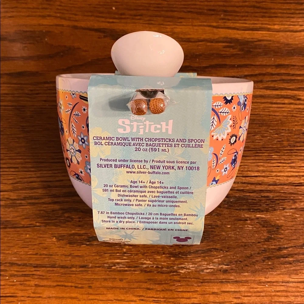 Disney Stitch Ceramic Noodle Bowl Set with Chopsticks & Spoon 20 oz NWT